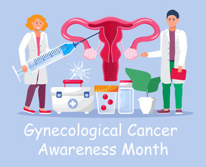 Gynecologic cancer awareness month concept vector for medical websites, app. Tiny doctor examines uterus and treat cervical cancer, give medication.