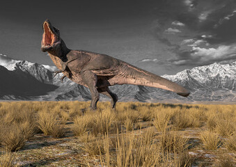 tyrannosaurus rex is looking for foof in plains and mountains