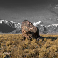 tyrannosaurus rex is resting in plains and mountains