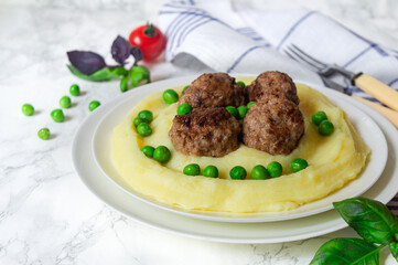 Fried Cutlets on Mashed potato. Fried meatballs