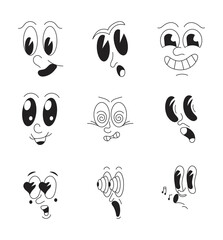 Mascot characters set vector in retro 30s cartoon style. Cute, funny faces, as examples of 50s, 60s old animation style.