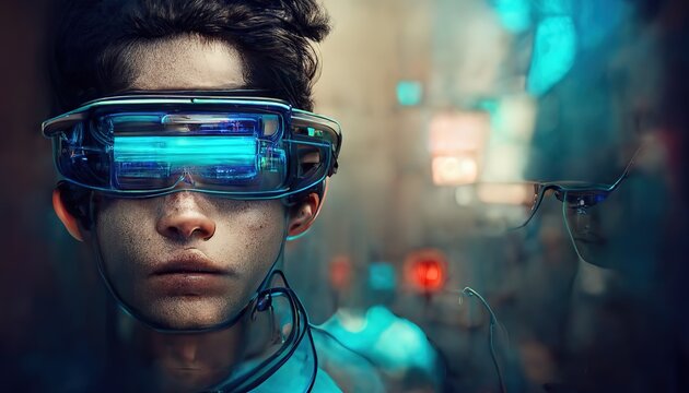 Raster illustration of guy with virtual reality glasses. Man, futuristic vision, cyberspace, blue neon glow, wires, future technologies, science fiction. Metaverse concept. 3D rendering illustration