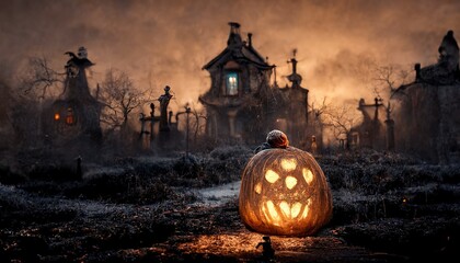 Raster illustration of halloween pumpkin at the cemetery. Sabbat, evil spirits, horror, fear, frightening landscape, black grass, night, orange light, fiction, witchcraft. Mystic concept. 3D rendering - obrazy, fototapety, plakaty