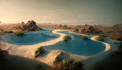 Gordijnen Rasterillustratie van oase in de woestijn. Kristalhelder water, blauwe schaduwen op het zand, bergen op de achtergrond, stenen, rotsen, groen gras. Natuurconcept. 3D-kunstwerkachtergrond voor bedrijven © Zaleman