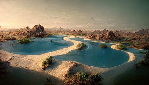 Raster illustration of oasis in the desert. Crystal clear water, blue shadows on the sand, mountains in the background, stones, rocks, green grass. Nature concept. 3D artwork background for business