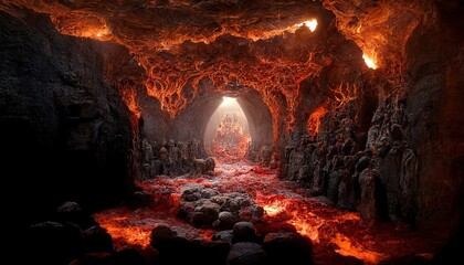 Raster illustration of beautiful cave in the rock. Hot cave due to magma and volcano, volcanic eruption, jewelry stones, deep dungeon, descent to hell, throne. 3D rendering artwork