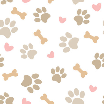 Seamless pattern with dog paw print and bone. Vector illustration isolated on white background. It can be used for wallpapers, wrapping, cards, patterns for clothes and other.