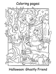 Coloring Halloween witch met with a cute ghost vector illustration