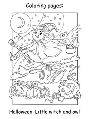 Coloring Halloween witch flying on a broomstick vector