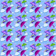 Seamless pattern of multicolored umbrellas of different sizes with white clouds and a bright rainbow on the background of abstract white-pink snowflakes on a blue background. Fairy tale, fun, magic