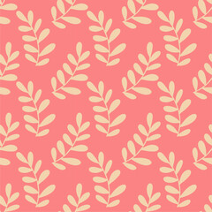 Fototapeta na wymiar Seamless pattern with light branches with leaves on a pink background. Flat design, cartoon hand drawn, vector illustration.