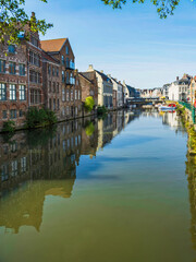 Fototapeta na wymiar Medieval buildings on Leie river in Ghent, Belgium