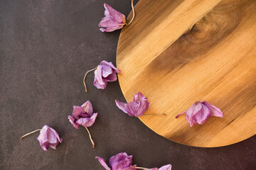 Rustic wooden podium decorated with dried lavender flowers for display of cosmetic, perfume or spa products.
