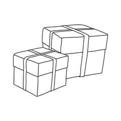 Gift boxes line art. Vector illustration isolated on white background, hand drawn in doodle technique 