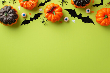 Halloween decorations concept. Top view photo of pumpkins bat silhouettes eyes spiders centipede and confetti on isolated light green background with copyspace