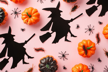 Halloween spooky decorations concept. Top view photo of witch silhouettes pumpkins insects spiders...