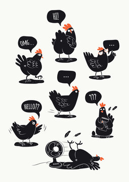 Set of Cartoon Funny Hens. Hand Drawn Simple Vector Illustration. Isolated Graphic. Cute Comic Characters.