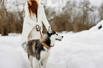 cheerful woman winter outdoors with a dog fun nature winter holidays