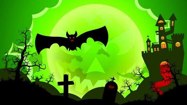 A bat at night on a cemetery against a green sky with clouds and a creepy moon and a castle on a hill. Looped animation with silhouettes of fantasy characters.