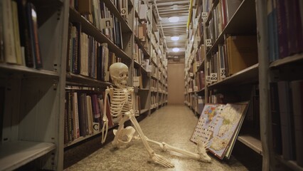4K. A skeleton in the library with old books on the shelves