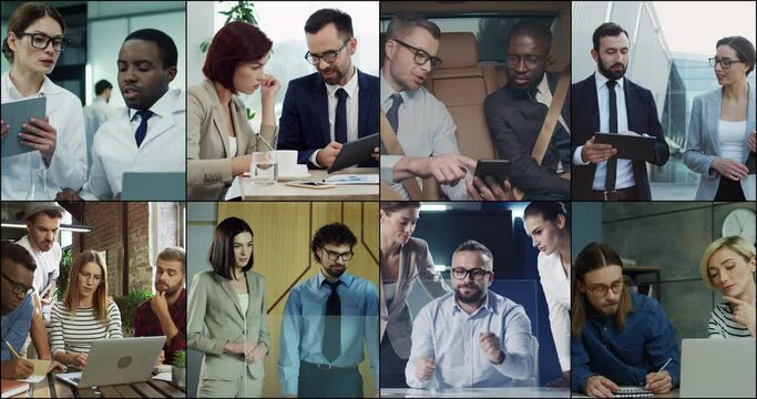 Many mixed-race people working in teams. Group of professionals work in office using tablet device. Split screen. Collage of business people at corporate meeting. Workers discussing project on laptop