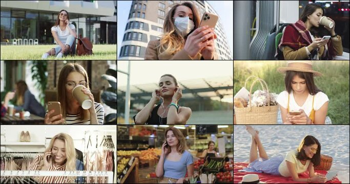 Close Up Portraits Of Many Women In Different Places With Gadgets. Woman Texting On Smartphone And Drinking Coffee. Female Resting On The Beach With Tablet. Lady Speaking On Mobile In Grocery, Collage