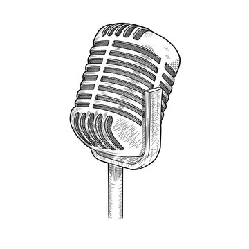 Hand drawn retro microphone sketch. Vector illustration in doodle style isolated on white background.