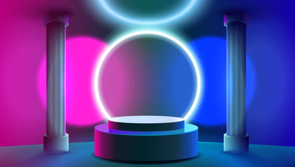 Stage podium with lighting, Stage Podium Scene with for Award, Decor element background. Vector