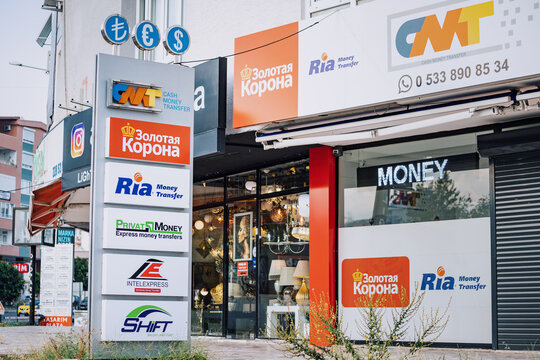 10 July 2022, Antalya, Turkey: Offices of the company that carry out international cash and electronic money transfers - Korona Pay, Ria, CMT and others
