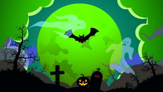 A bat at night on a cemetery against a green sky with clouds and a spooky moon. Looped animation with silhouettes of fantasy characters.