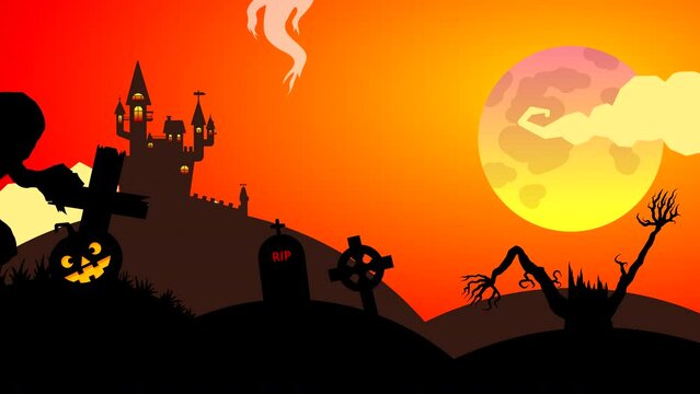 A zombie walks through a cemetery at night against a background of a red sky with clouds and a creepy moon and a castle on a hill. Looped animation with silhouettes of fantasy characters.