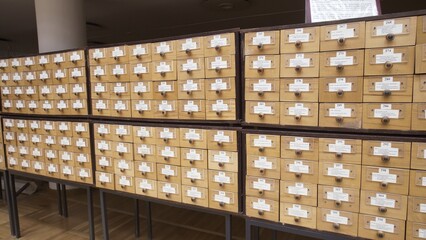4K. Database concept. vintage cabinet. library card or file catalog.