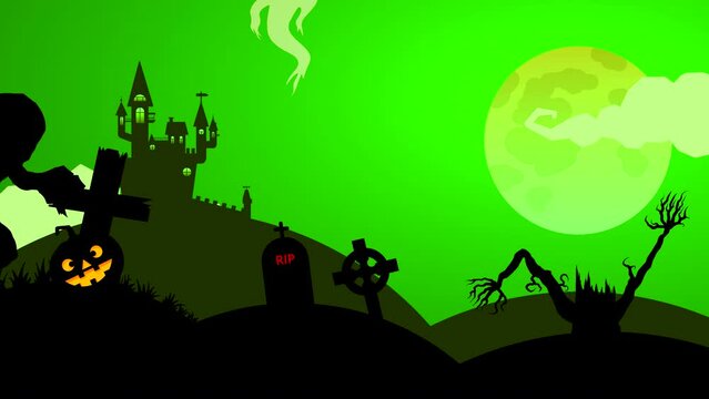 A zombie walks through a cemetery at night against a green sky with clouds and a creepy moon and a castle on a hill. Looped animation with silhouettes of fantasy characters.