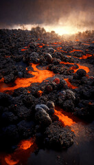 Apocalyptic volcanic landscape with hot flowing lava and smoke and ash clouds. 3D illustration. - obrazy, fototapety, plakaty