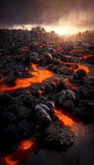Gordijnen Apocalyptisch vulkanisch landschap met hete stromende lava en rook- en aswolken. 3D illustratie. © Bisams