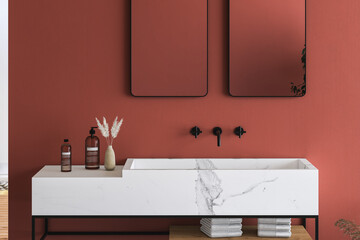 Close up of white marble basin with two mirrors hanging in on beige wall, minimal cabinet with black faucet in minimalist bathroom. Front view. 3d rendering
