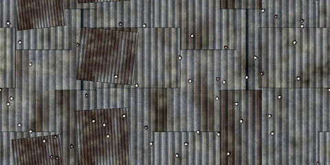Seamless rusty corrugated sheet metal shanty wall or roof background texture. Tileable grungy old galvanized iron plate with bullet holes surface pattern backdrop. High resolution 3D rendering.. - obrazy, fototapety, plakaty