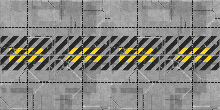 Seamless concrete or galvanized metal wall or floor panel background texture. Tileable silver grey with black and yellow warning stripe scifi spaceship runway or docking bay pattern. 3D rendering..
