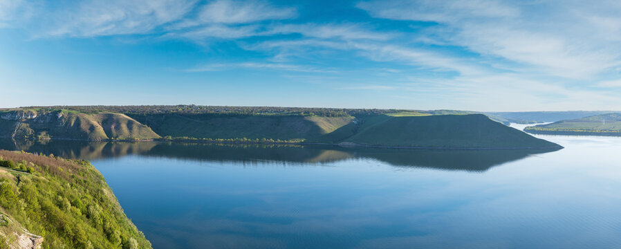 Amazing spring sunset view on the Dnister River Canyon, Bakota Bay, Khmelnytsky region, Ukraine.