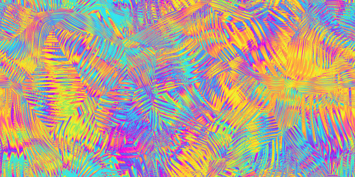 Seamless psychedelic rainbow heatmap tiger stripe glass refraction pattern background texture. Trippy hippy abstract dopamine dressing fashion motif. Bright colorful neon retro wallpaper backdrop..