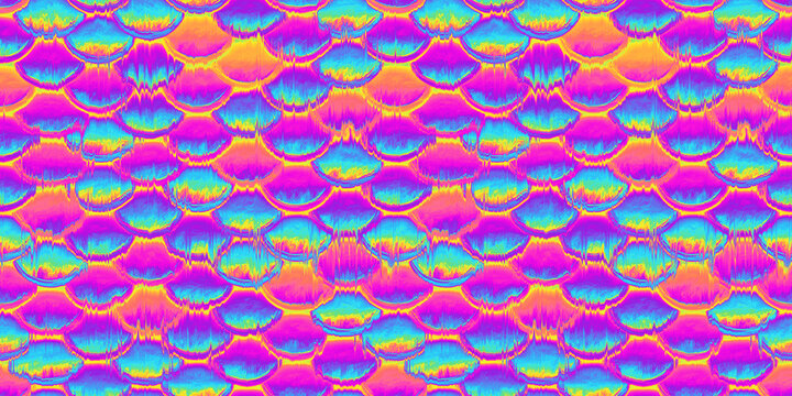 Seamless psychedelic rainbow fish mermaid or dragon scales pattern background texture. Trippy hippy abstract snake skin dopamine dressing fashion motif. Colorful neon ombre retro wallpaper backdrop..