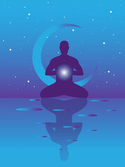 Vector banner with meditation man on abstract violet background with stars and spheres Yoga in the universe. Man in the lotus position. Symbol of secret knowledge, harmony of soul and body. Surrealism