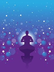 Vector banner with meditation man on abstract violet background with stars and spheres Yoga in the universe. Man in the lotus position. Symbol of secret knowledge, harmony of soul and body. Surrealism