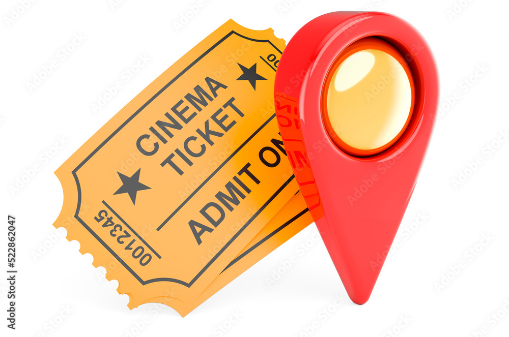 Poster cinema tickets with map pointer. 3d rendering