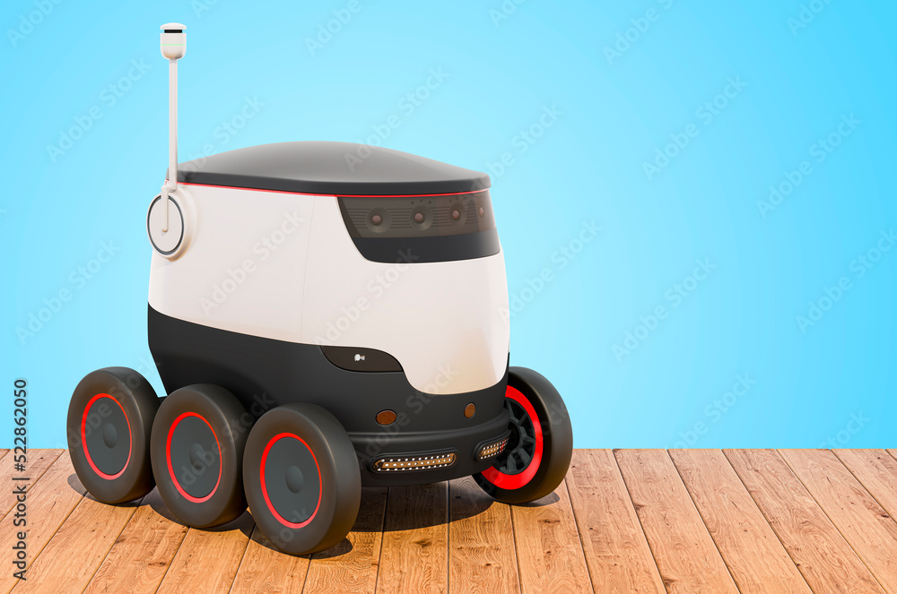Poster autonomous delivery robot on the wooden table, 3d rendering