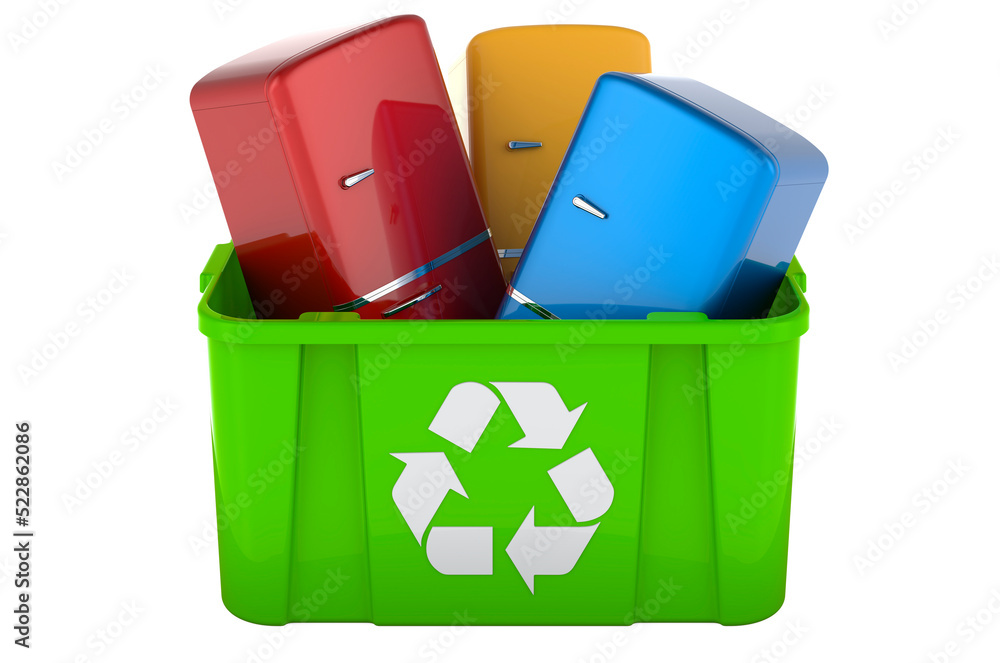 Poster recycling trashcan with retro fridges, 3d rendering