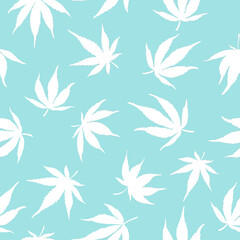Seamless pattern of cannabis leaves on a blue background. White hemp leaves on a blue background