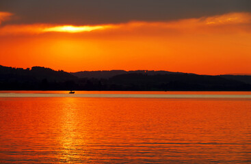 Sunset light over Sempach Lake in Switzerland, Europe