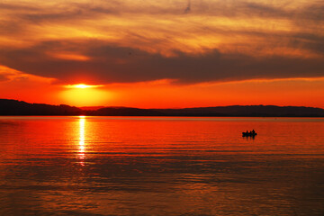 Obraz premium Sunset light over Sempach lake in Switzerland, Europe
