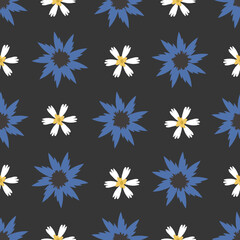 Fototapeta na wymiar Seamless pattern of blue and white wild summer flowers. Vector Illustration.